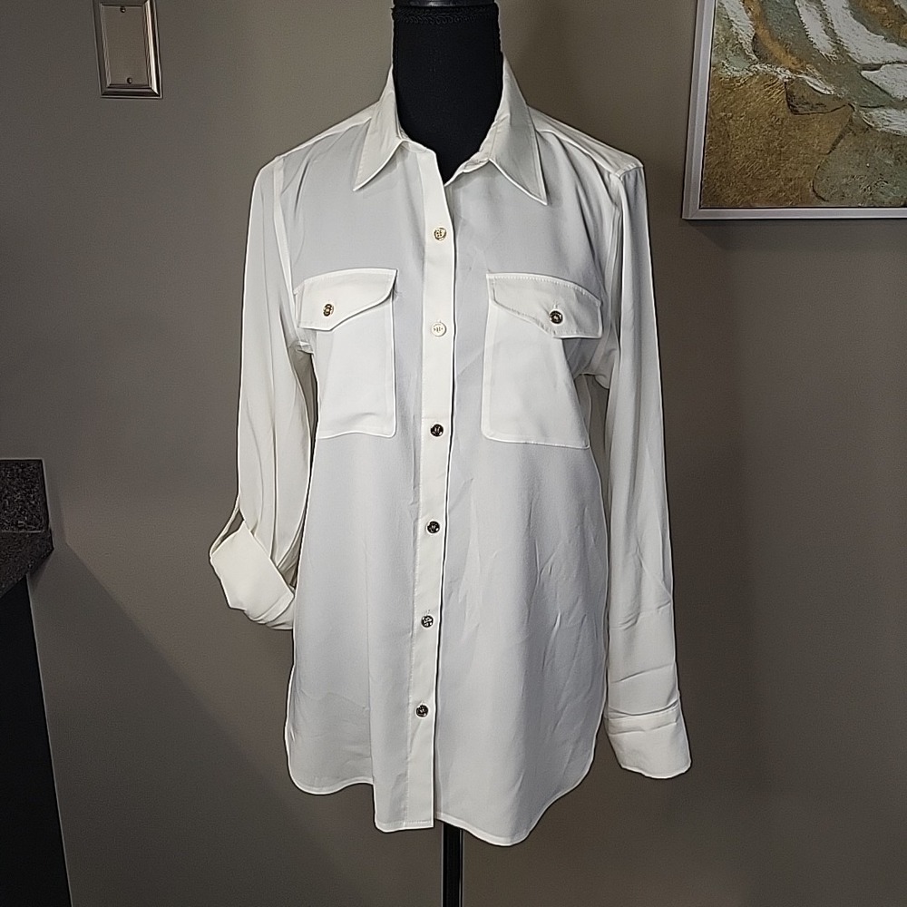 TOMMY Hilfiger Classic White Blouse Long Sleeve Gold Button Tunic Women's SMALL